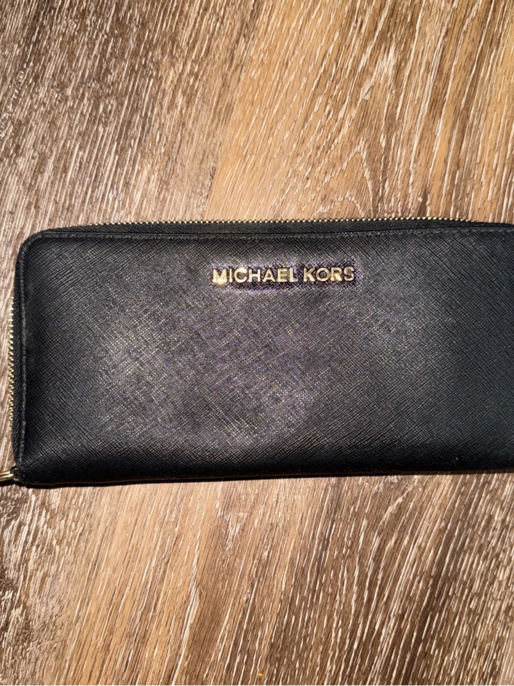 Michael Kors Black Saffiano Zip Wallet with Gold Logo